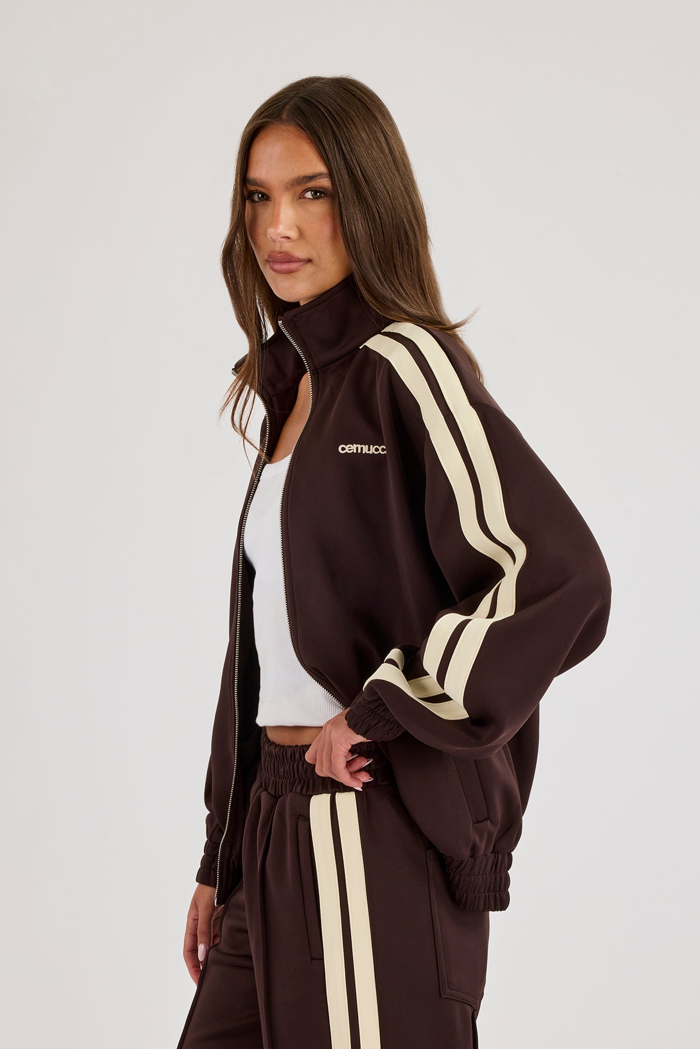 Logo Embroidered Funnel Neck Zip Through Track Jacket – Chocolate